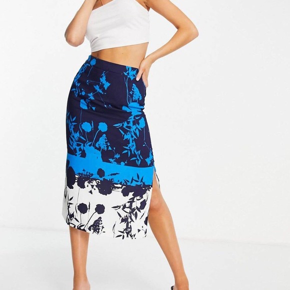 NWT Ted Baker Womens Selaah Bluebell Midi Skirt Size 0 (2) Slit High Rise Blue